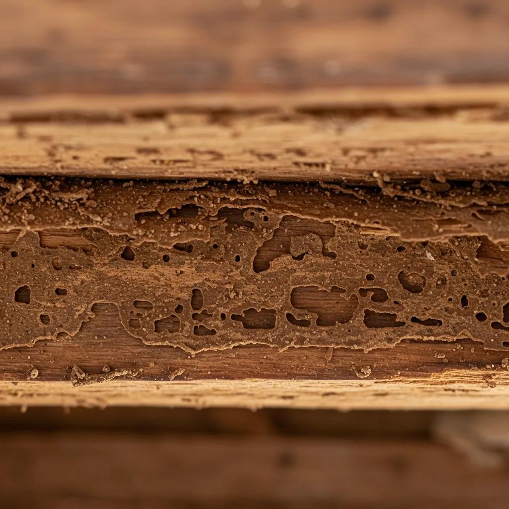 Close-up of termite damage on wooden beams, showcasing the signs of infestation in Greenville properties