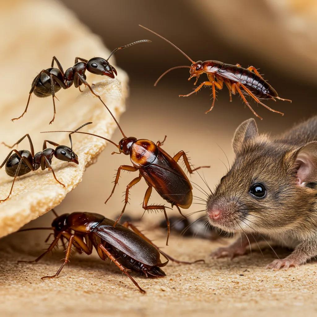 Common household pests including ants, cockroaches, and a mouse in a kitchen setting