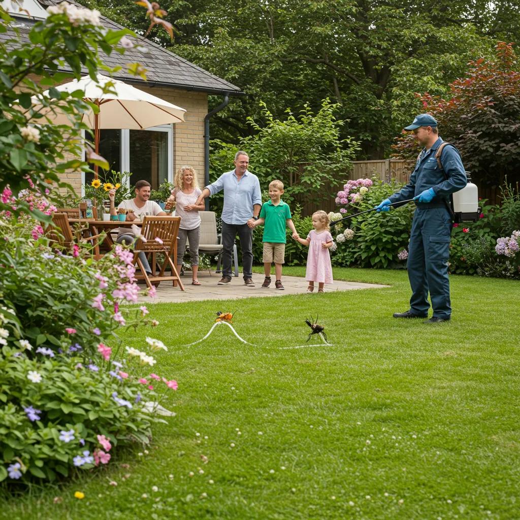 Family enjoying a safe backyard while eco-friendly pest control is applied in the background