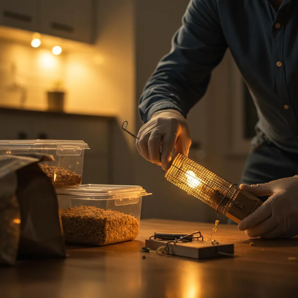 Pest control specialist setting up a live-capture trap in a clean home environment, showcasing humane rodent control methods