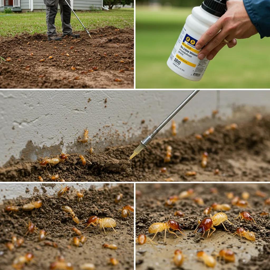 Pest control technician applying liquid termiticide around a foundation, highlighting termite control methods